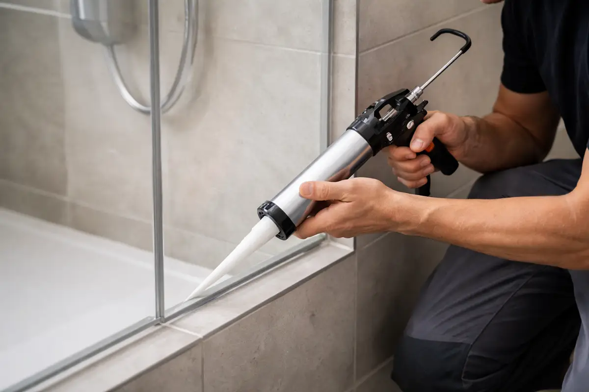 Person bruger fugemasse i badeværelse